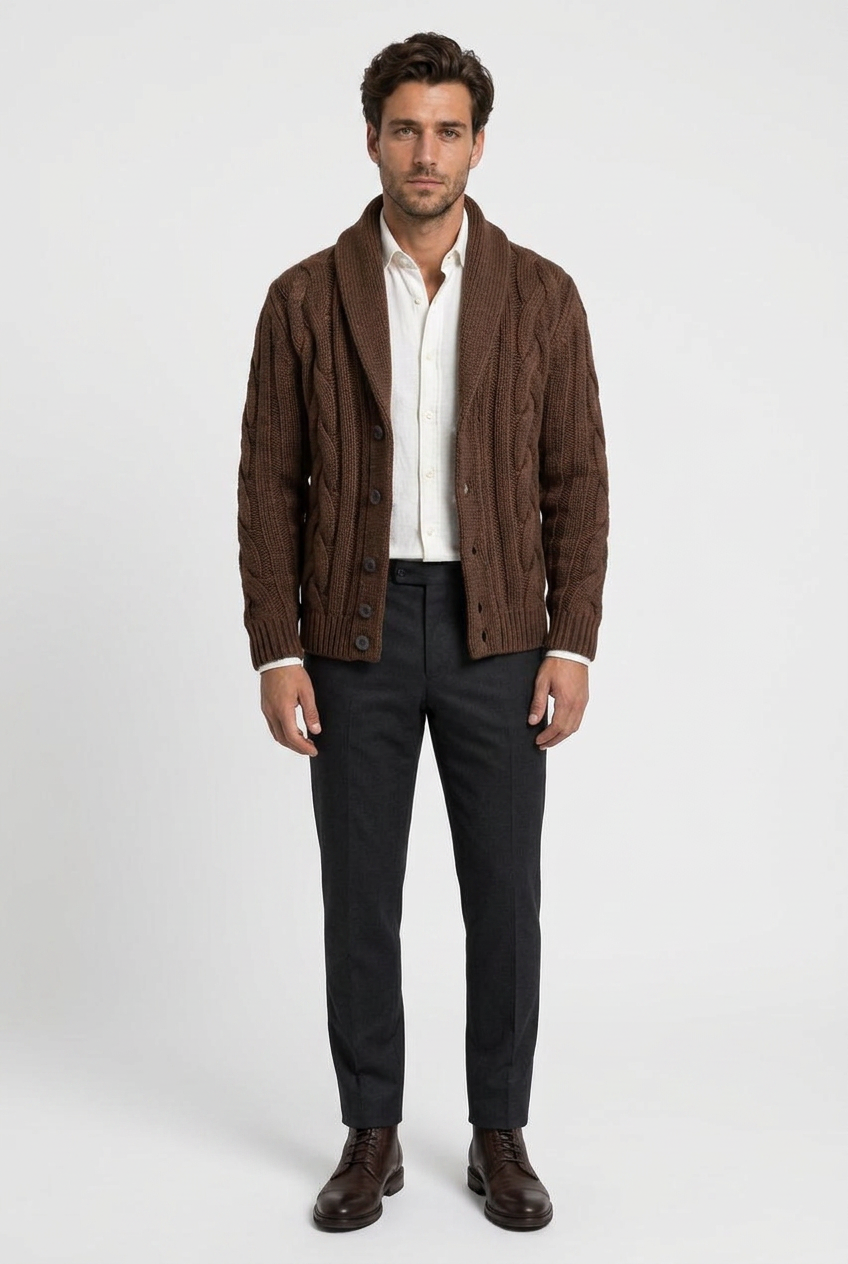 Kevin men's cable-knit shawl-collar cardigan in brown, front view