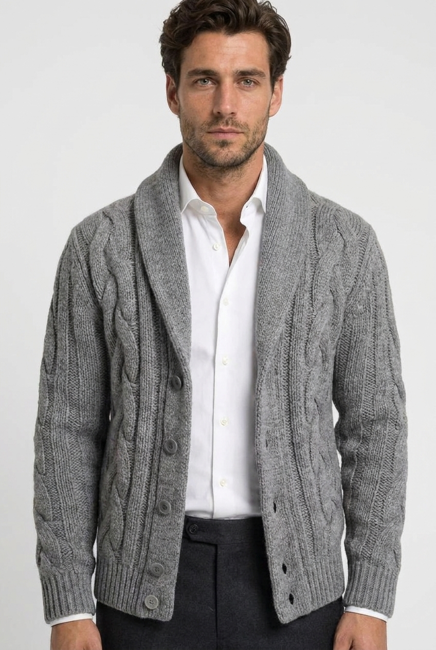 Kevin men's cable-knit shawl-collar cardigan in grey, closeup view