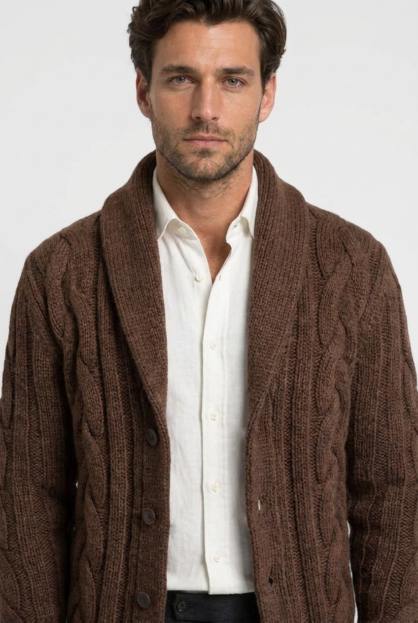 Kevin men's cable-knit shawl-collar cardigan in brown, closeup view