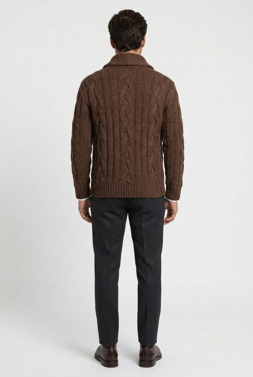 Kevin men's cable-knit shawl-collar cardigan in brown, back view