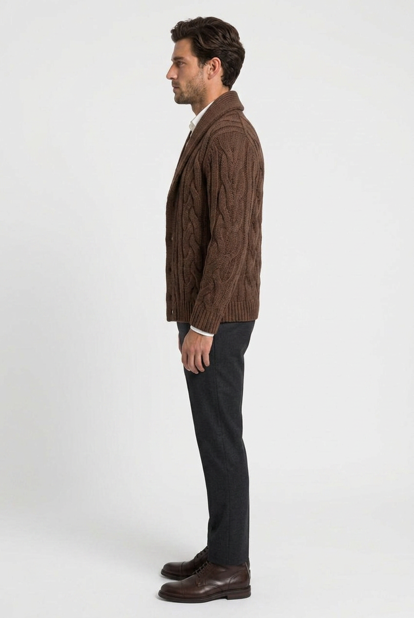 Kevin men's cable-knit shawl-collar cardigan in brown, side view