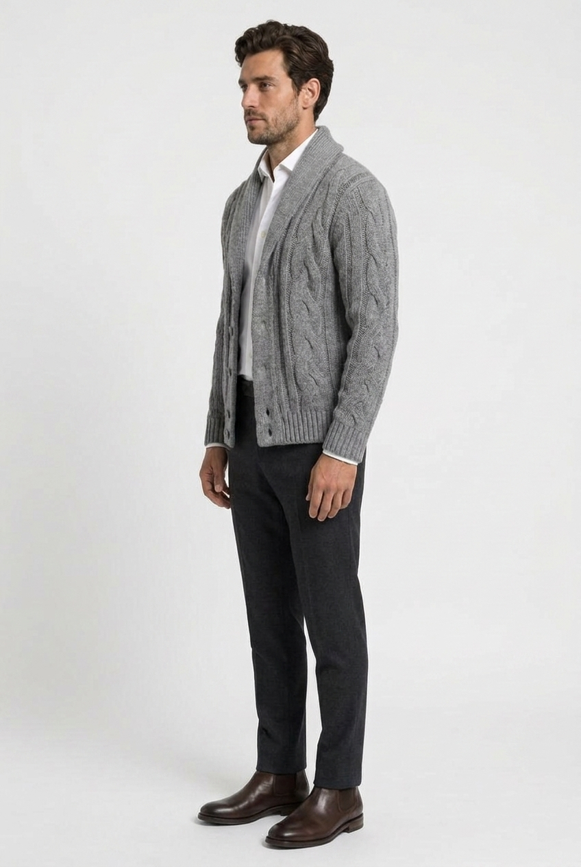 Kevin men's cable-knit shawl-collar cardigan in grey, side view