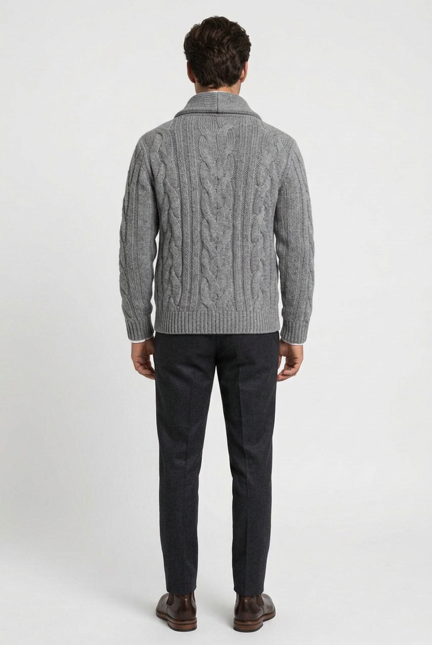 Kevin men's cable-knit shawl-collar cardigan in grey, back view