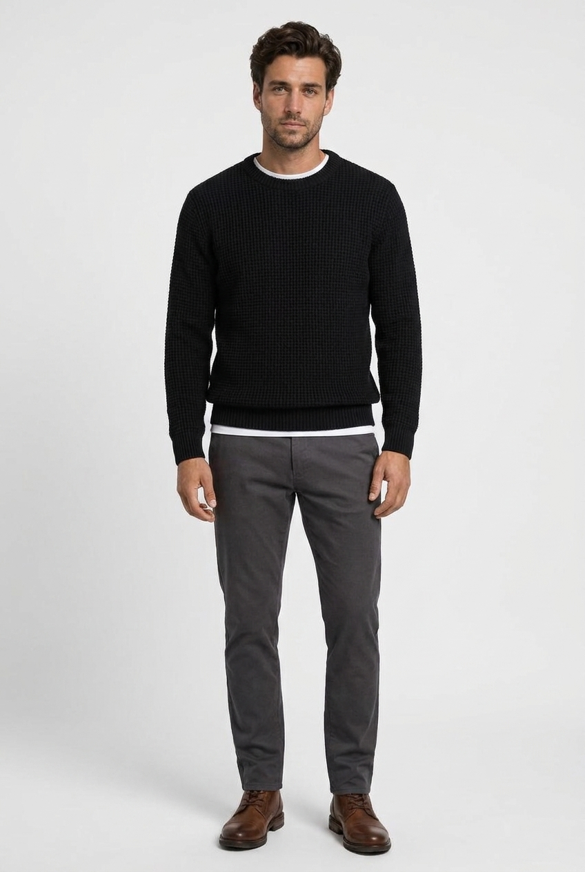Greg men's waffle-knit crew-neck jumper in black, front view