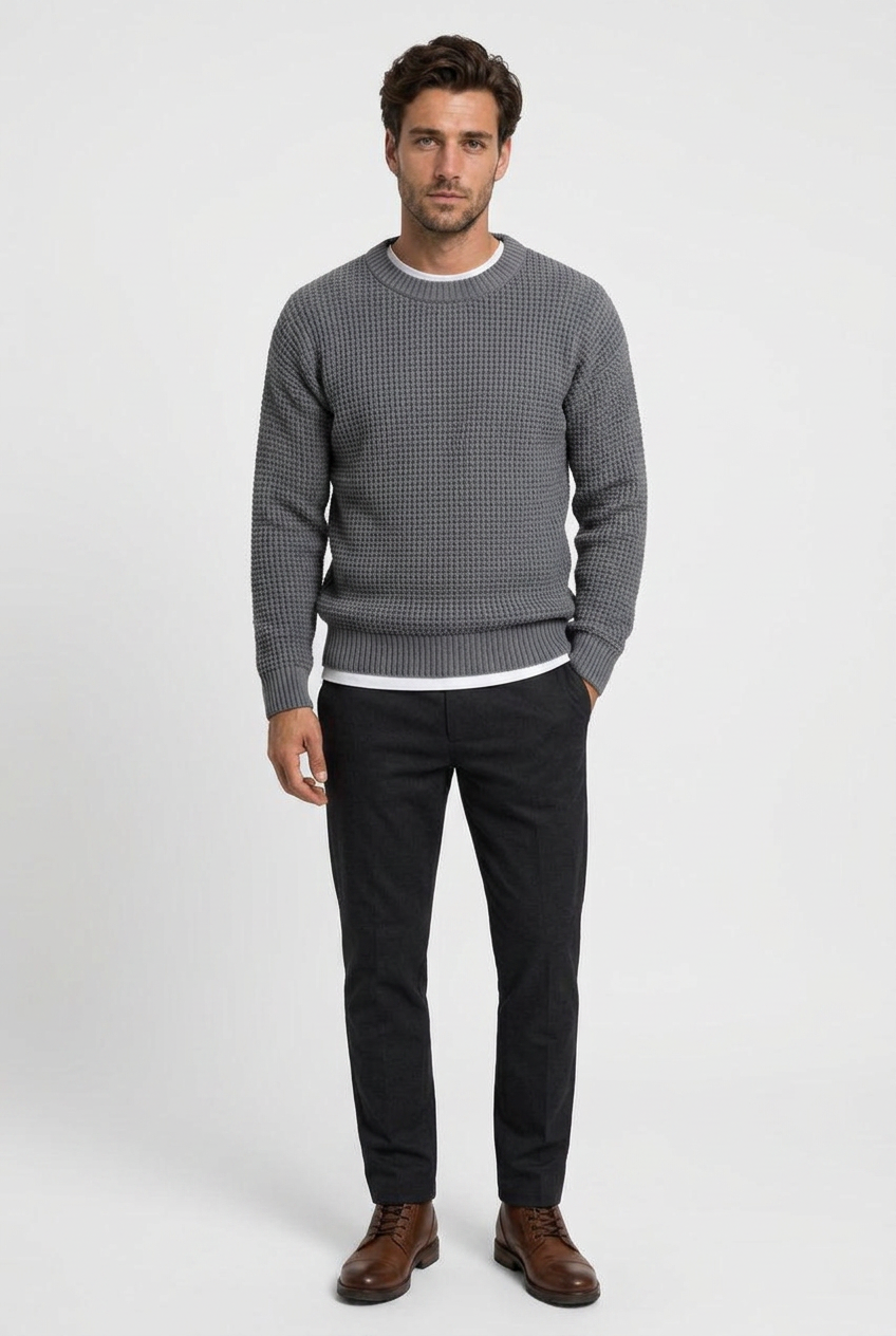 Greg men's waffle-knit crew-neck jumper in grey, front view
