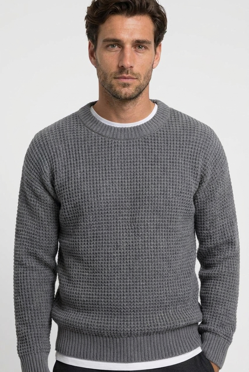Greg men's waffle-knit crew-neck jumper in grey, closeup view
