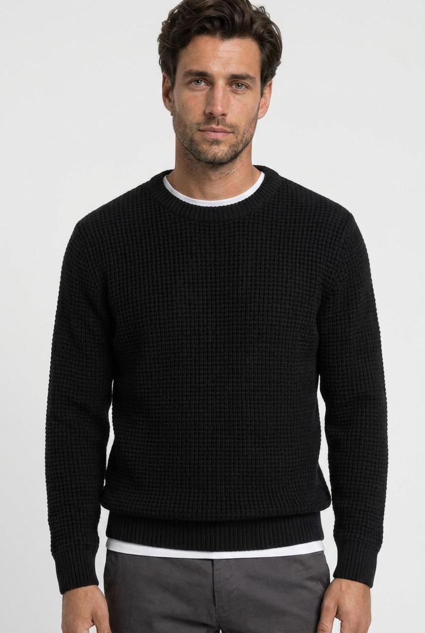 Greg men's waffle-knit crew-neck jumper in black, closeup view