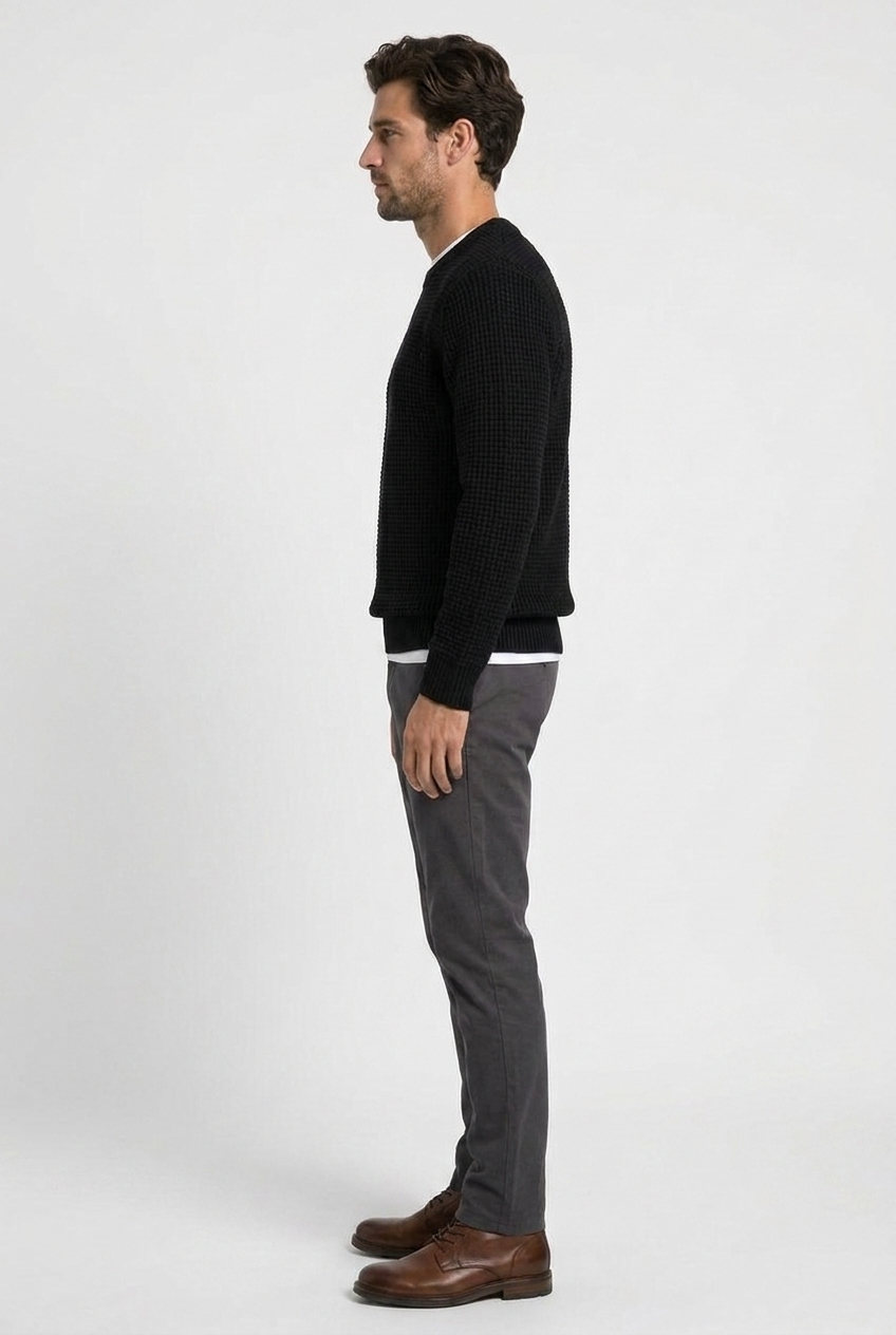 Greg men's waffle-knit crew-neck jumper in black, side view