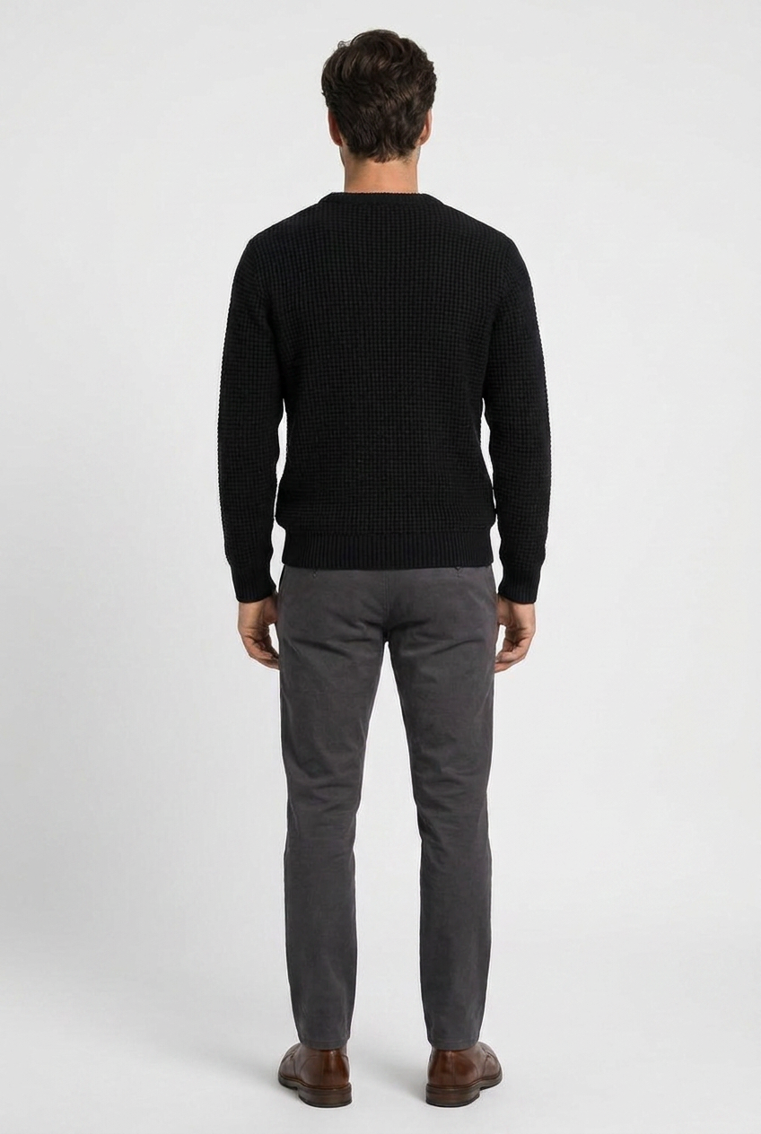 Greg men's waffle-knit crew-neck jumper in black, back view