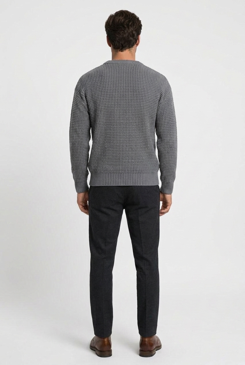 Greg men's waffle-knit crew-neck jumper in grey, back view