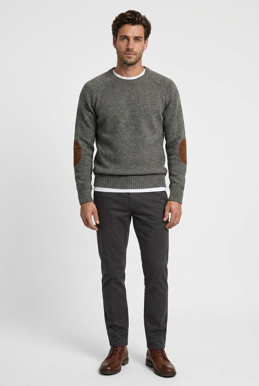 Floyd men's wool crew-neck jumper with elbow patches in grey, front view
