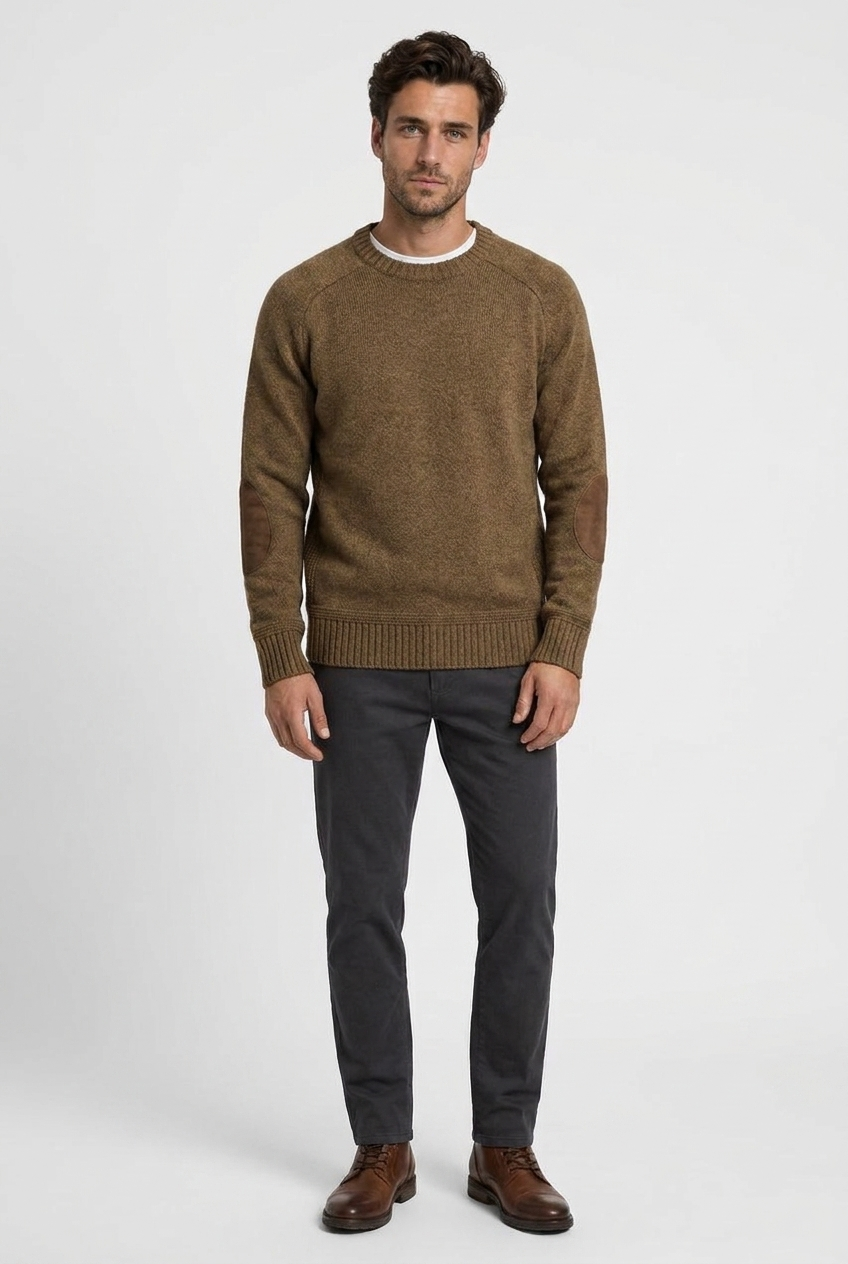 Floyd men's wool crew-neck jumper with elbow patches in brown, front view
