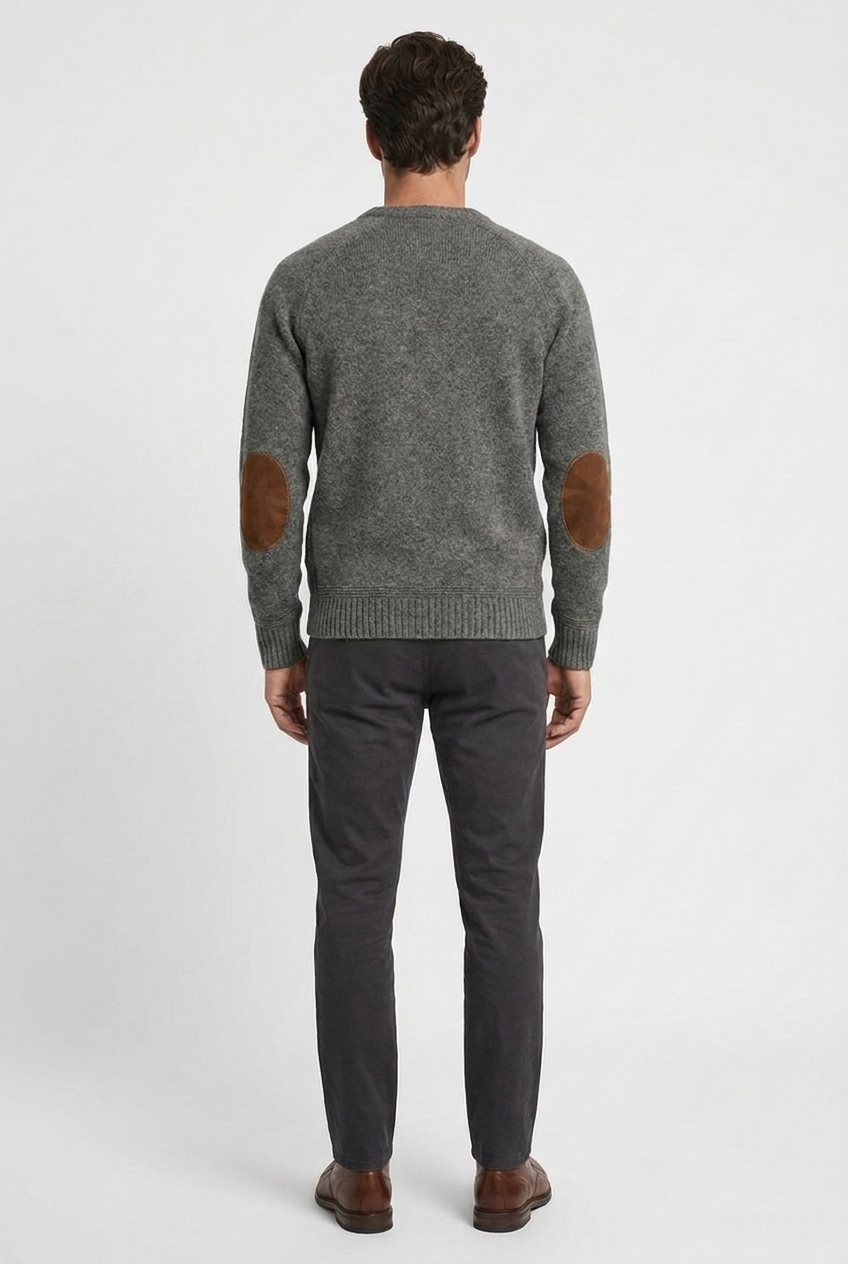 Floyd men's wool crew-neck jumper with elbow patches in grey, back view