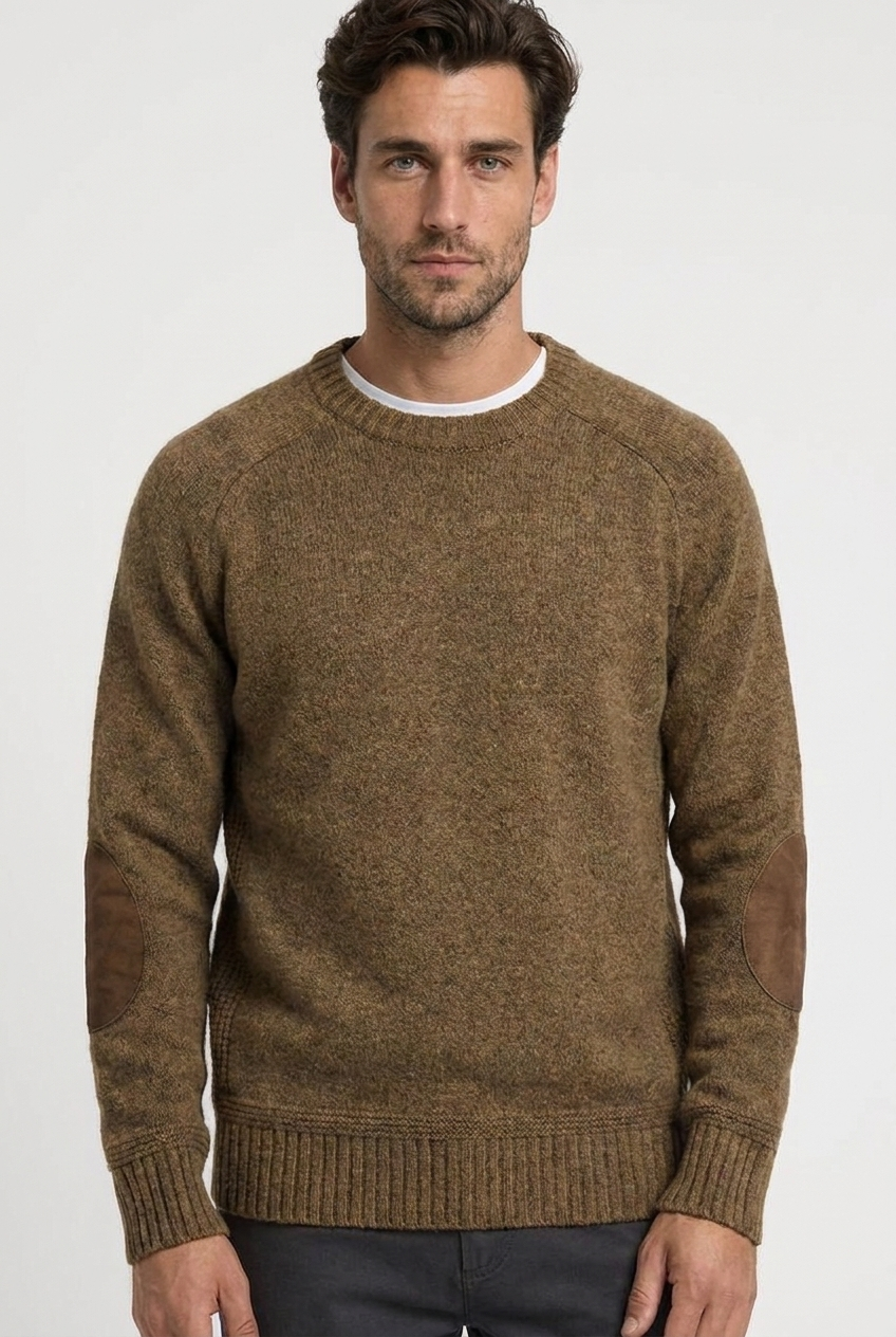 Floyd men's wool crew-neck jumper with elbow patches in brown, closeup view