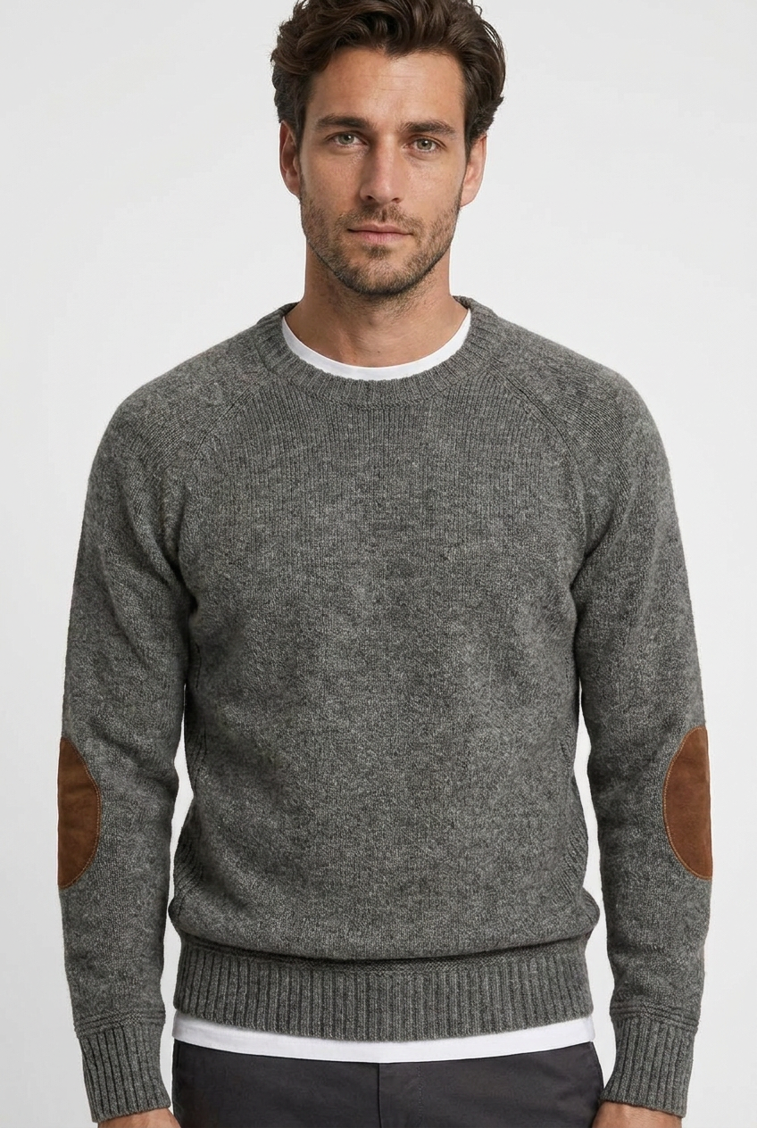 Floyd men's wool crew-neck jumper with elbow patches in grey, closeup view