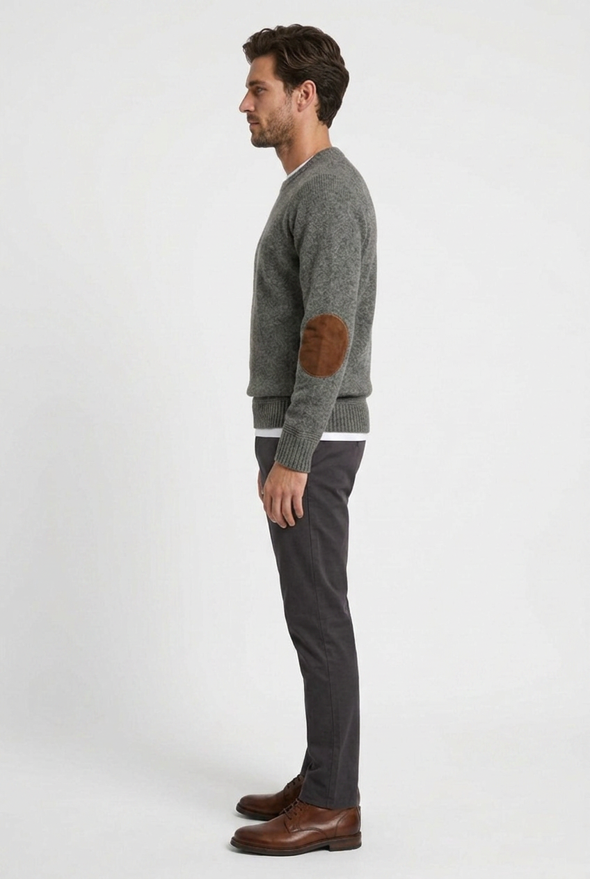Floyd men's wool crew-neck jumper with elbow patches in grey, side view