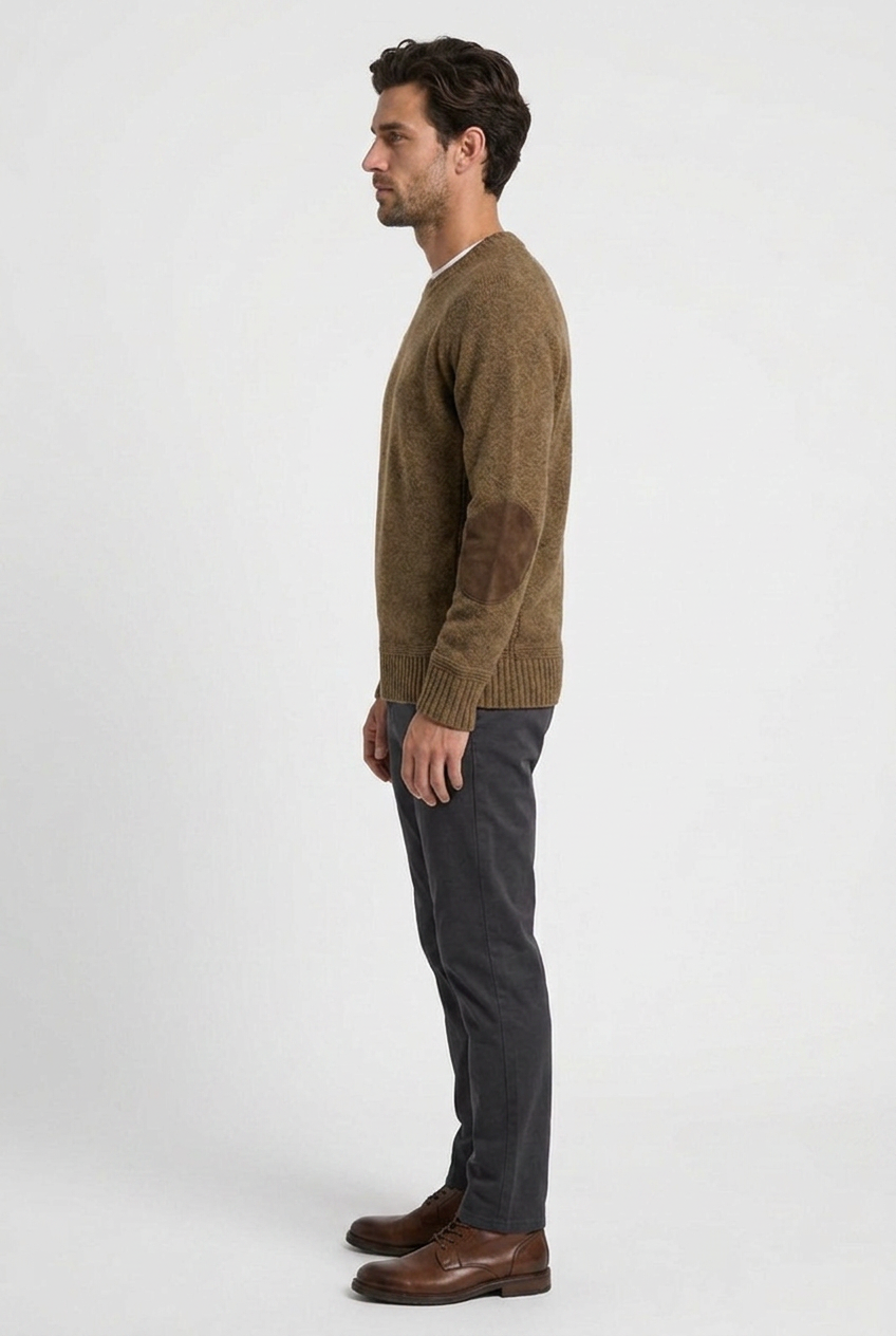 Floyd men's wool crew-neck jumper with elbow patches in brown, side view