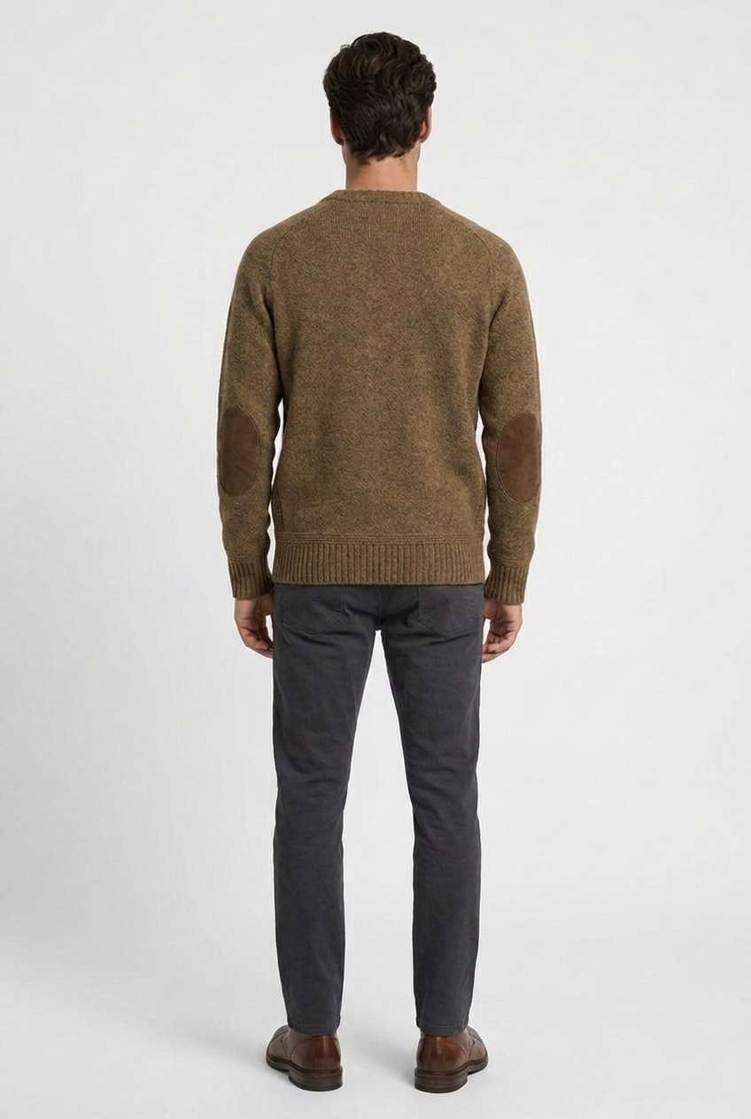Floyd men's wool crew-neck jumper with elbow patches in brown, back view