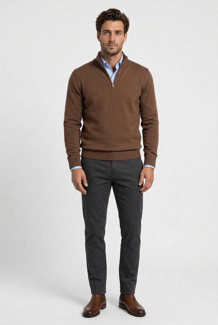 Freddie men's quarter-zip knitted jumper in brown, front view