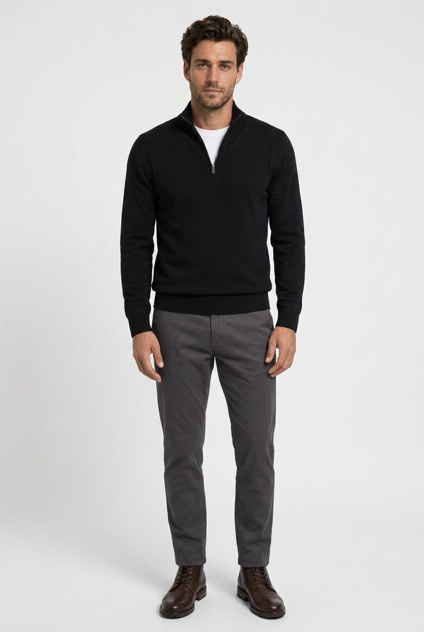 Freddie men's quarter-zip knitted jumper in black, front view