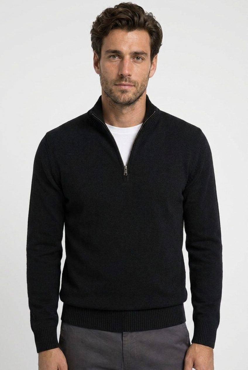 Freddie men's quarter-zip knitted jumper in black, closeup view