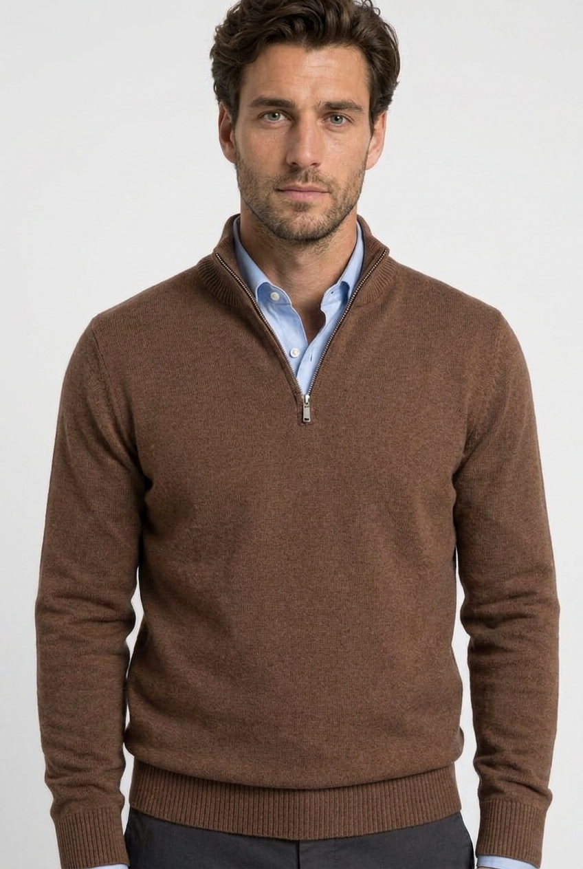 Freddie men's quarter-zip knitted jumper in brown, closeup view