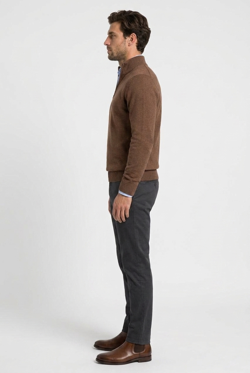 Freddie men's quarter-zip knitted jumper in brown, side view