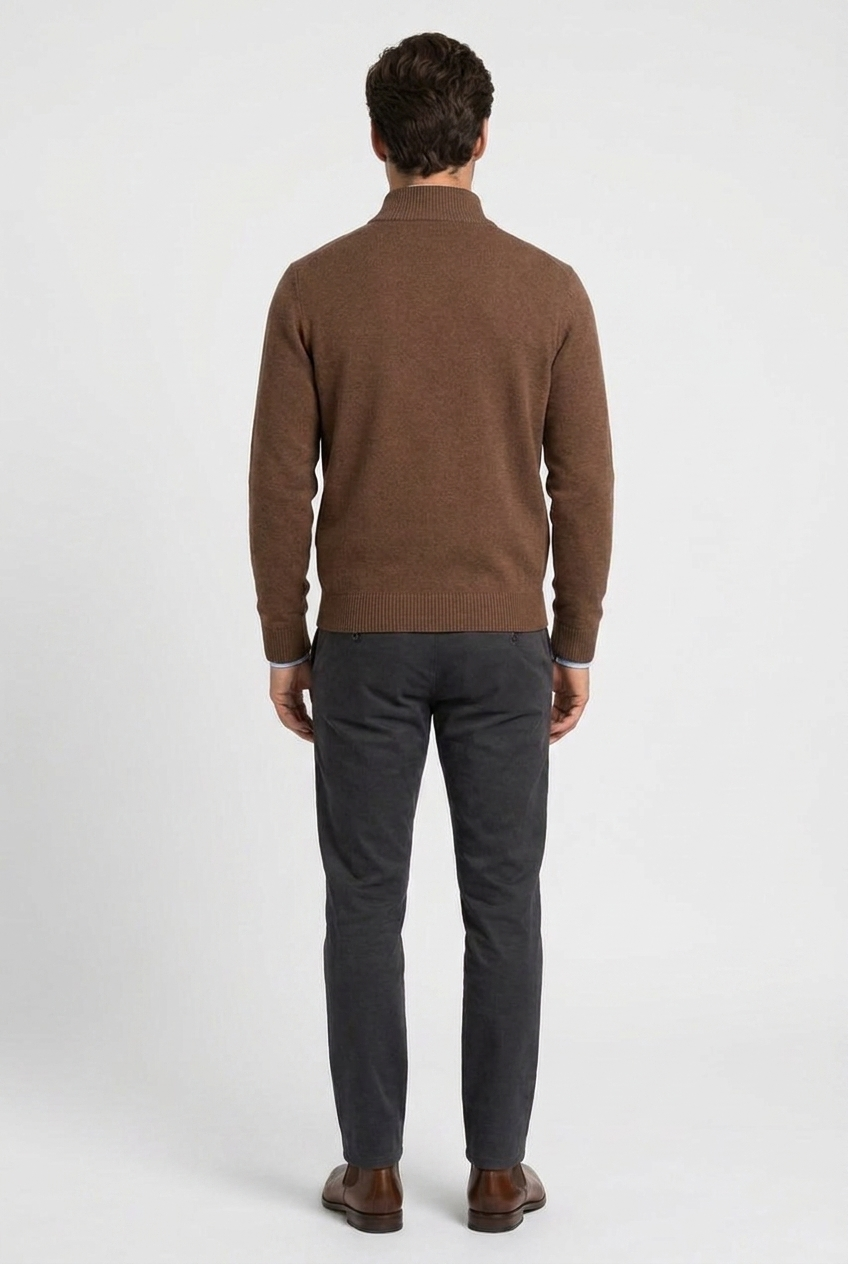 Freddie men's quarter-zip knitted jumper in brown, back view