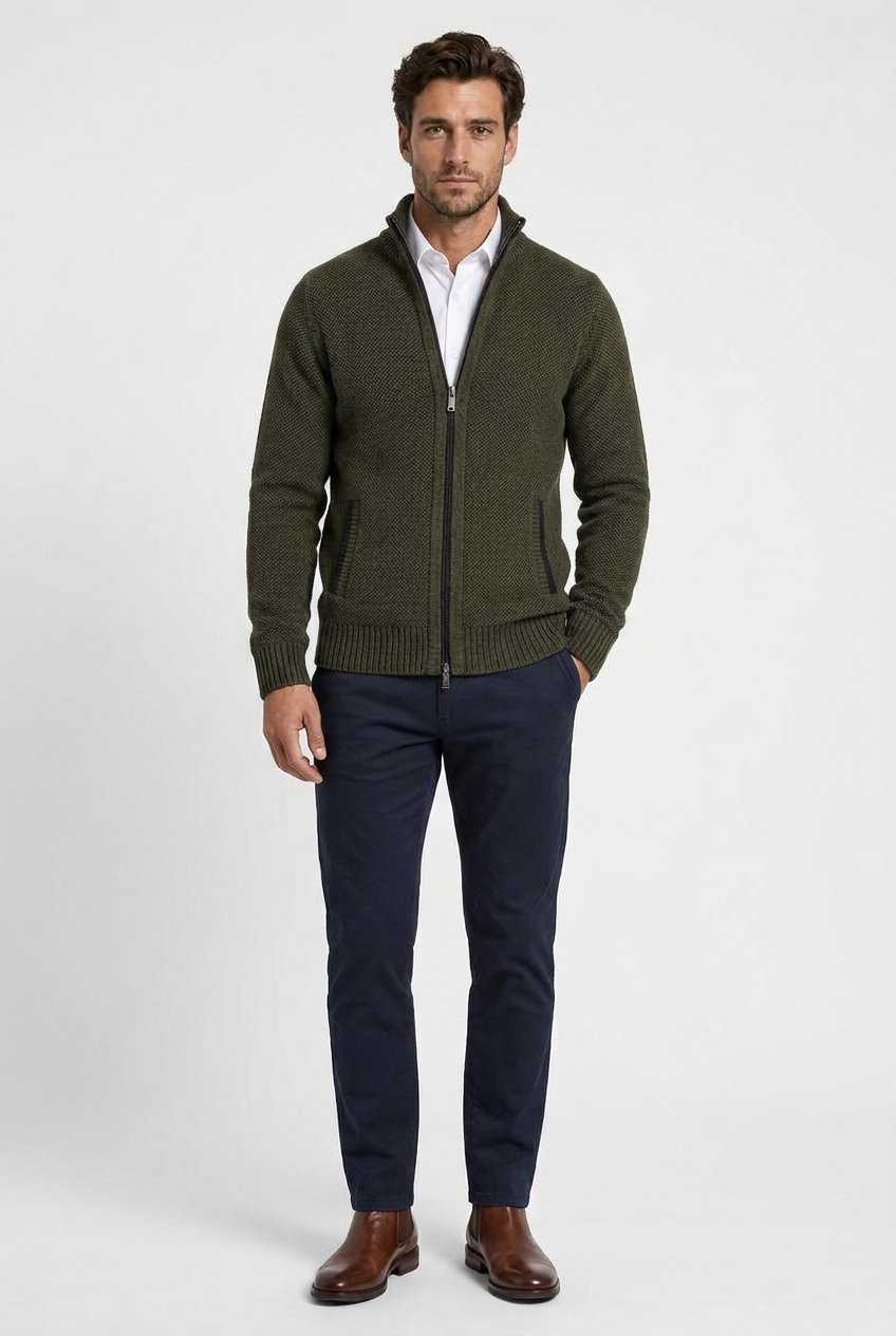 Marcus men's full-zip funnel-neck textured knit cardigan in green, front view