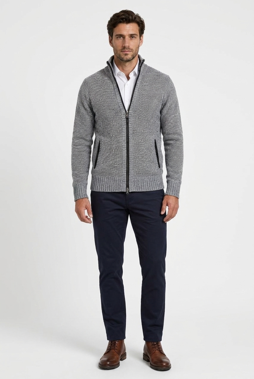 Marcus men's full-zip funnel-neck textured knit cardigan in grey, front view