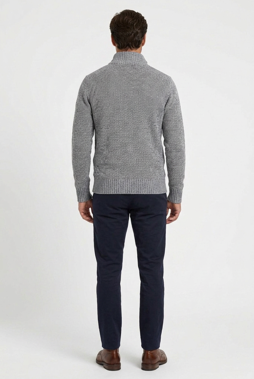 Marcus men's full-zip funnel-neck textured knit cardigan in grey, back view