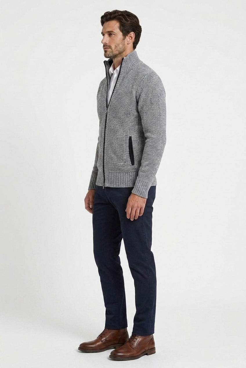 Marcus men's full-zip funnel-neck textured knit cardigan in grey, side view