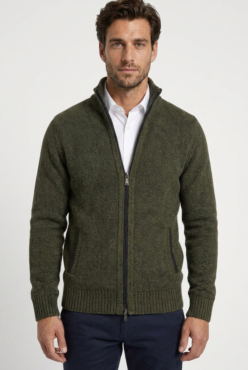 Marcus men's full-zip funnel-neck textured knit cardigan in green, closeup view