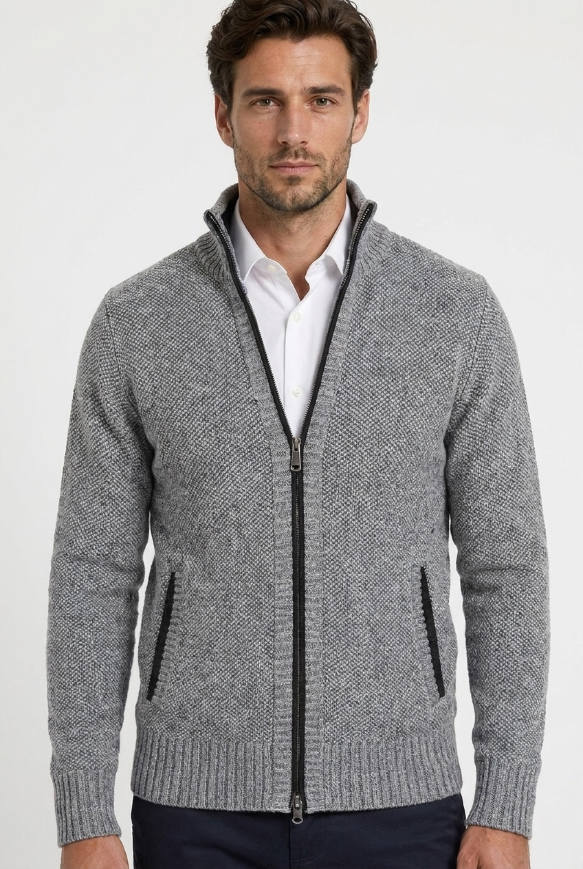 Marcus men's full-zip funnel-neck textured knit cardigan in grey, closeup view