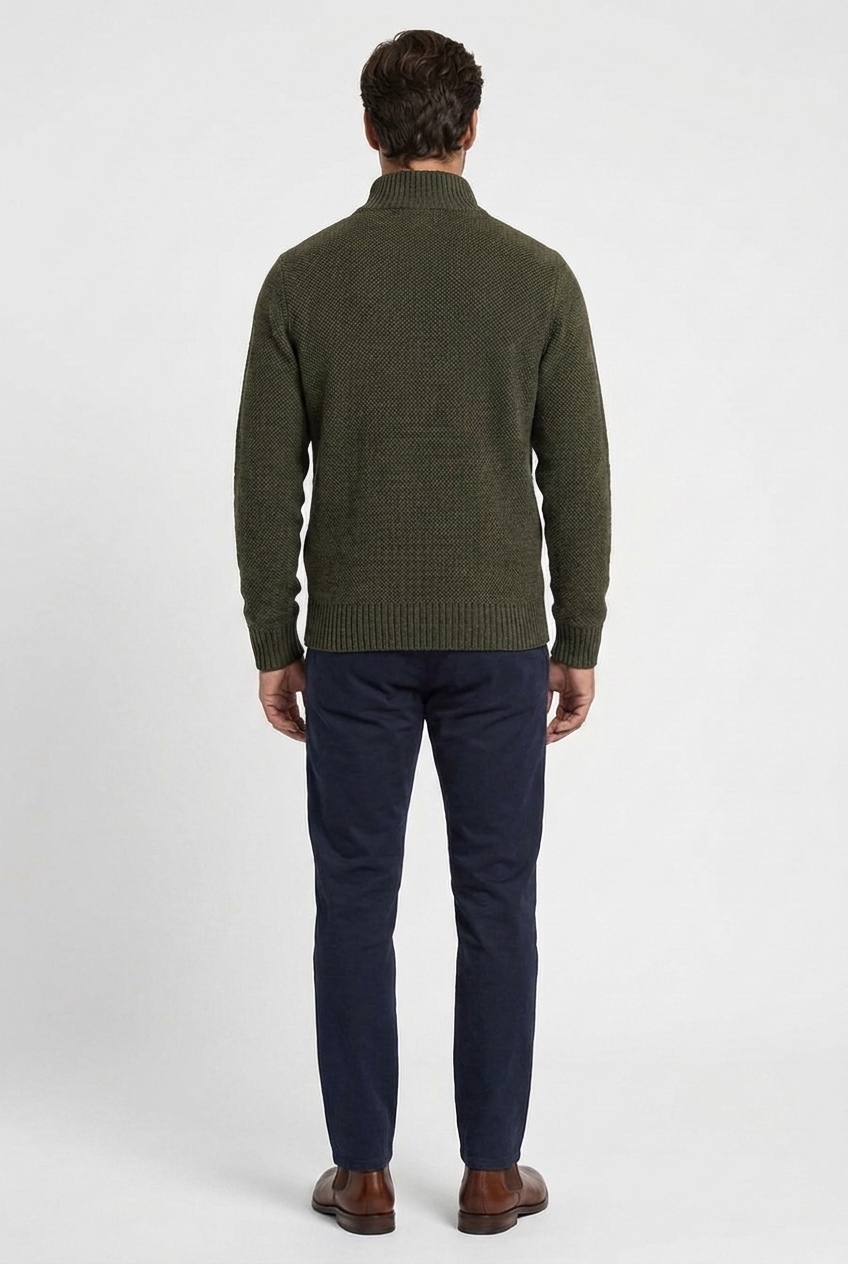 Marcus men's full-zip funnel-neck textured knit cardigan in green, back view