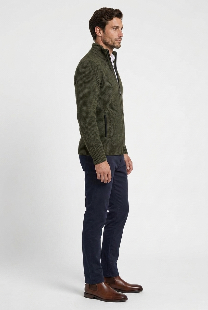 Marcus men's full-zip funnel-neck textured knit cardigan in green, side view