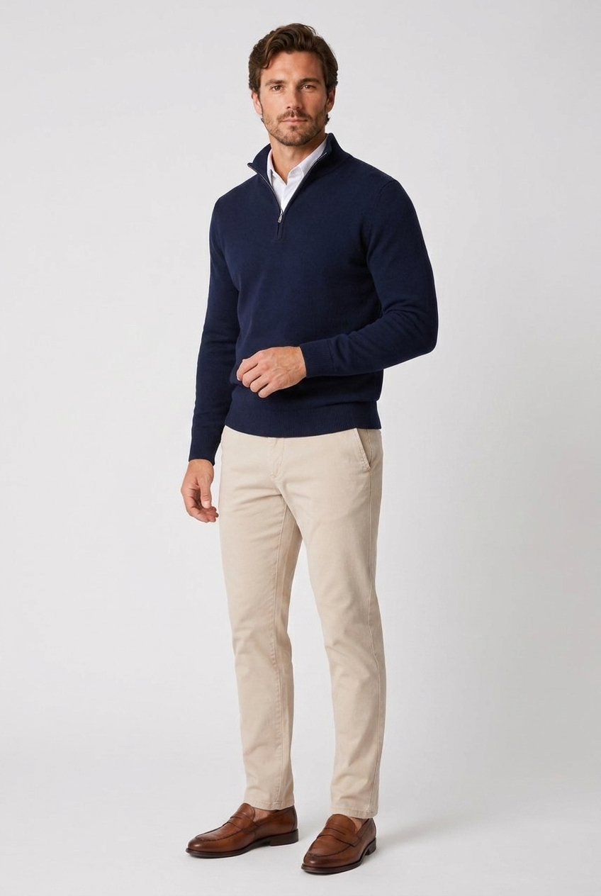Rufus men's fine-knit quarter-zip jumper in navy, front view