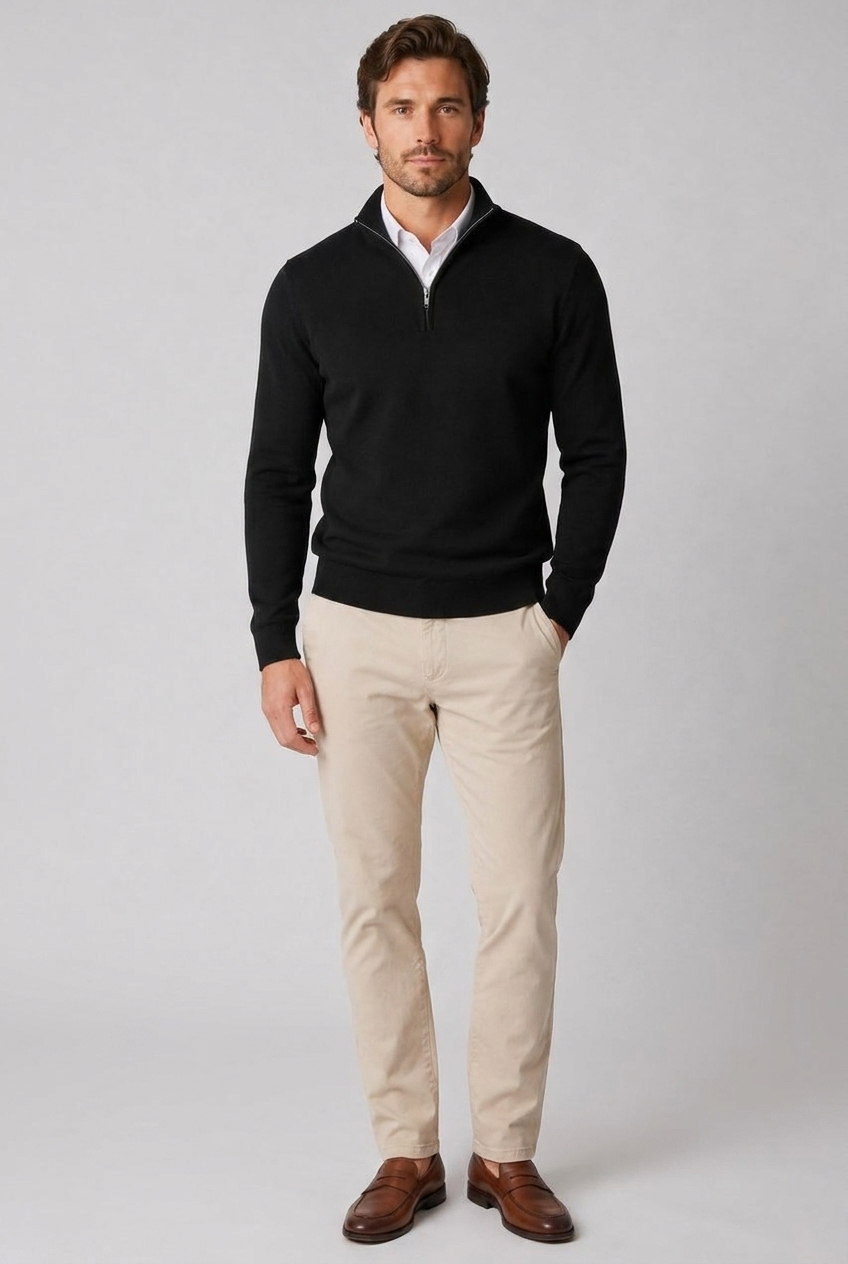 Rufus men's fine-knit quarter-zip jumper in black, front view