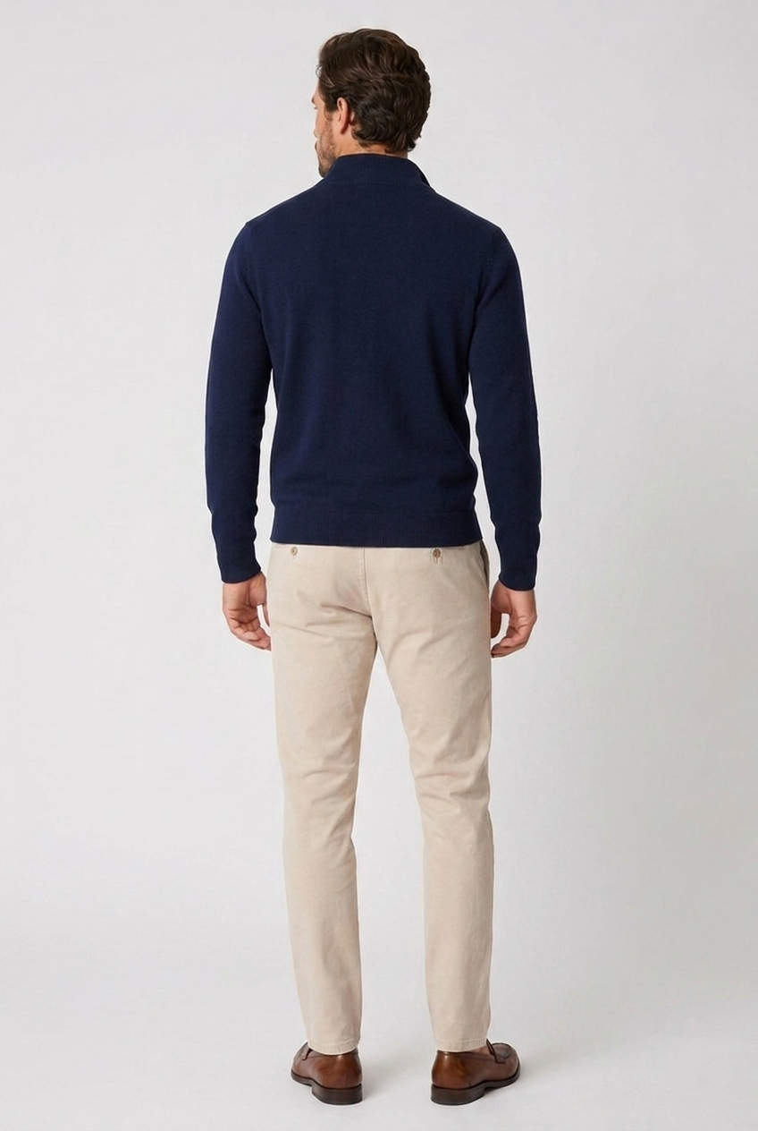 Rufus men's fine-knit quarter-zip jumper in navy, back view