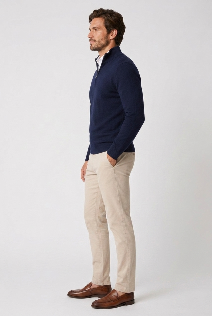 Rufus men's fine-knit quarter-zip jumper in navy, side view