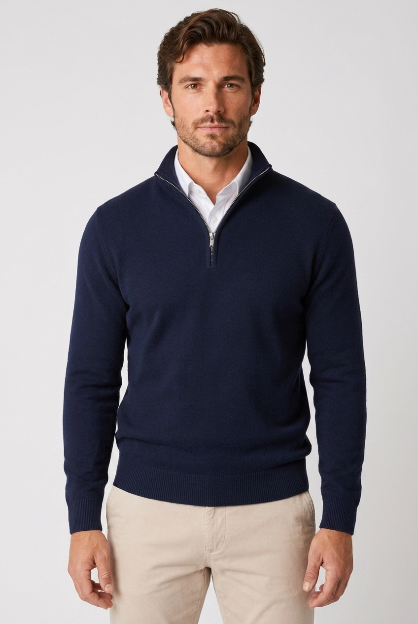Rufus men's fine-knit quarter-zip jumper in navy, closeup view