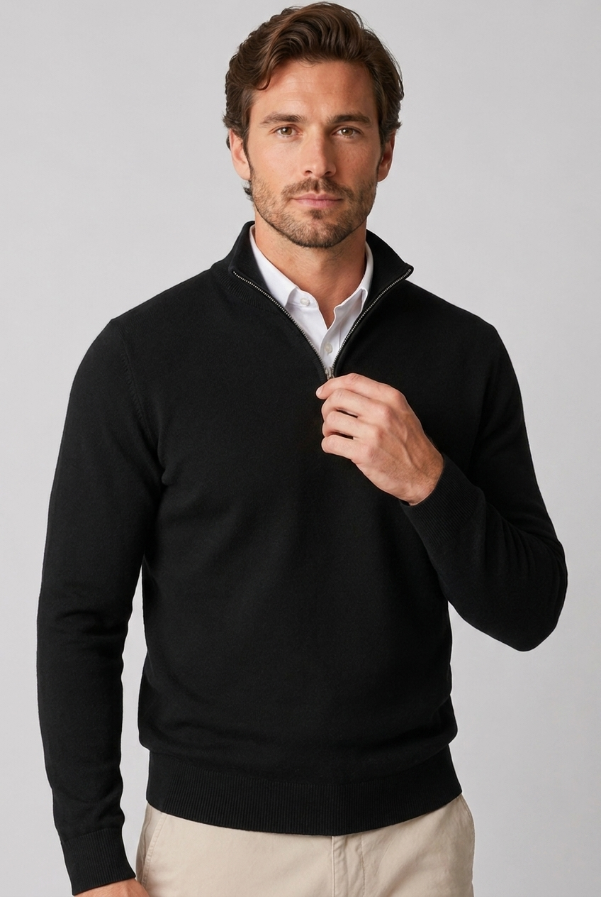 Rufus men's fine-knit quarter-zip jumper in black, closeup view