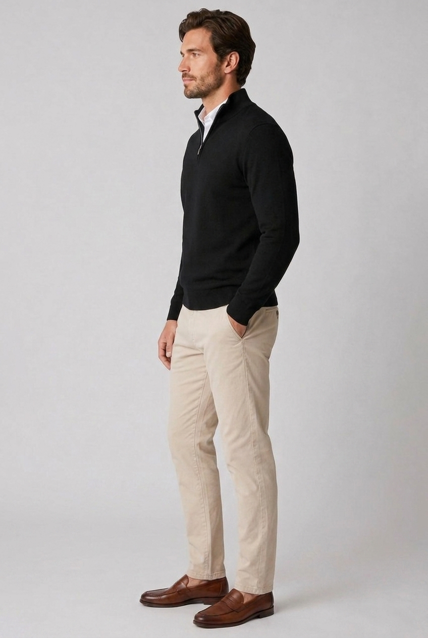 Rufus men's fine-knit quarter-zip jumper in black, side view