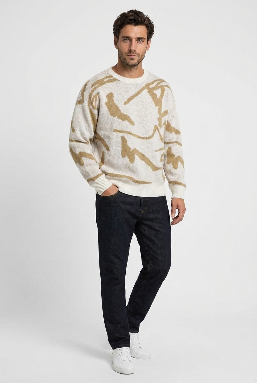 Carl men's oversized abstract-jacquard knit jumper in camel, front view