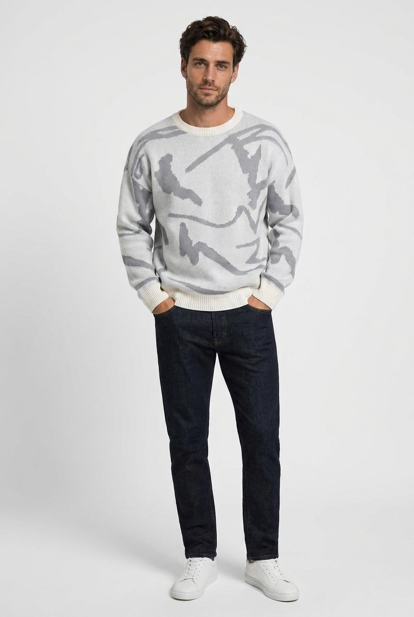 Carl men's oversized abstract-jacquard knit jumper in grey, front view