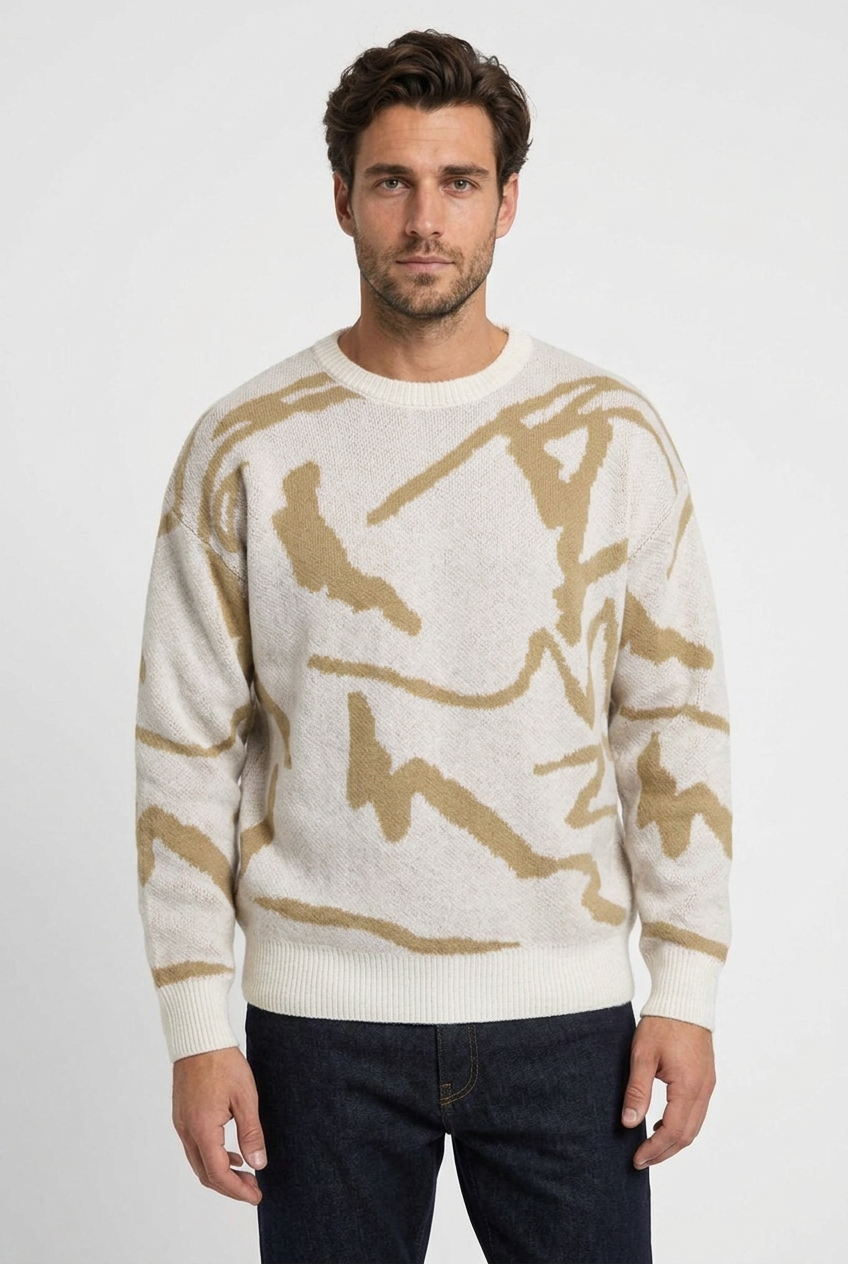 Carl men's oversized abstract-jacquard knit jumper in camel, closeup view