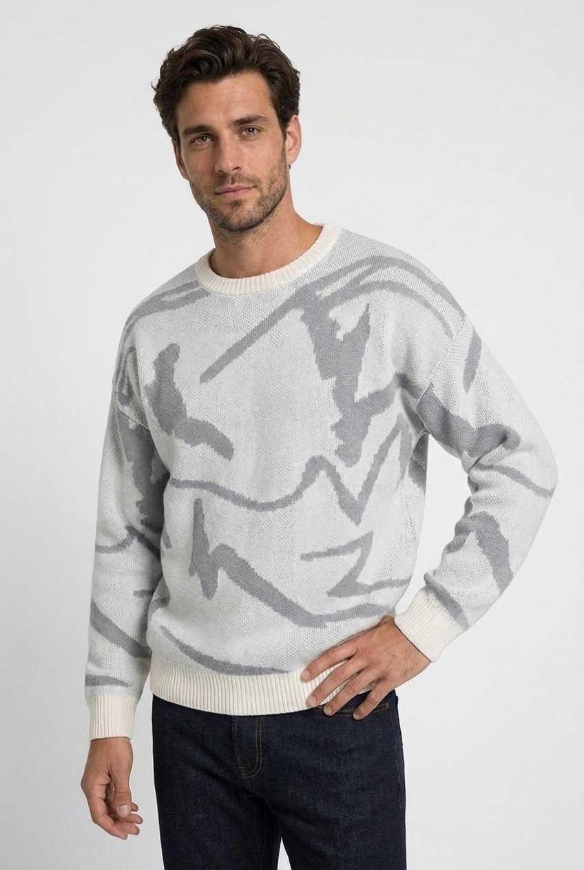 Carl men's oversized abstract-jacquard knit jumper in grey, closeup view