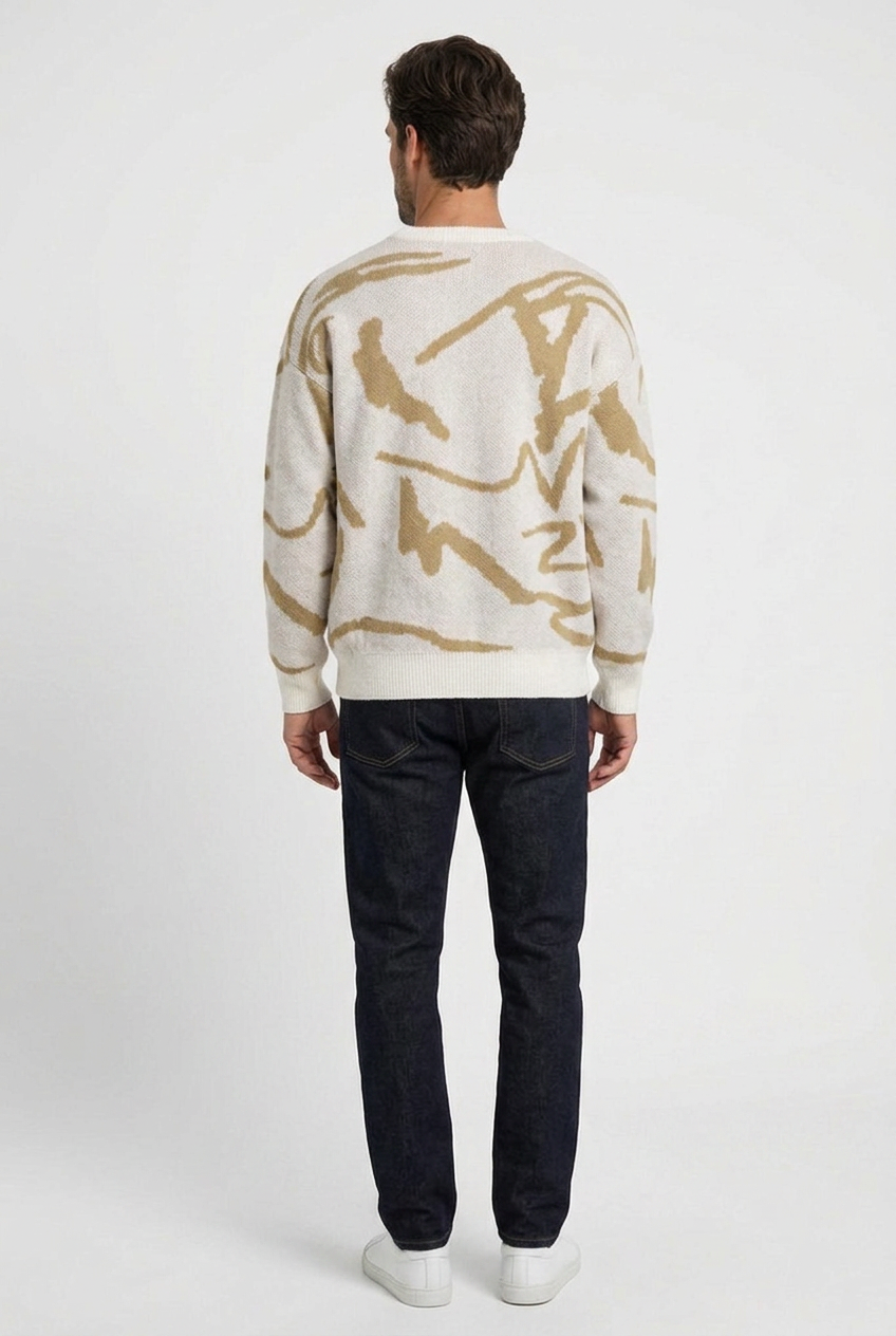 Carl men's oversized abstract-jacquard knit jumper in camel, back view