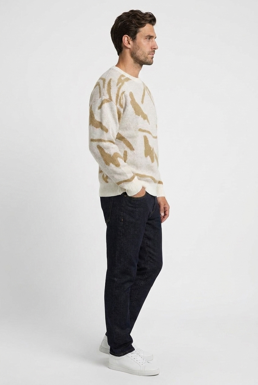 Carl men's oversized abstract-jacquard knit jumper in camel, side view