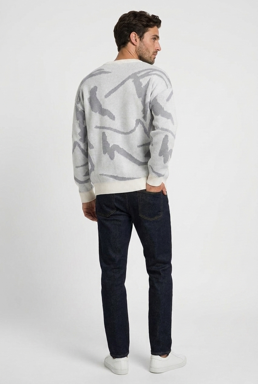 Carl men's oversized abstract-jacquard knit jumper in grey, back view
